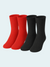 Two pairs of red and black chenille socks on a light gray background