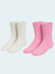 Two pairs of socks, one white and one pink, on a light gray background.