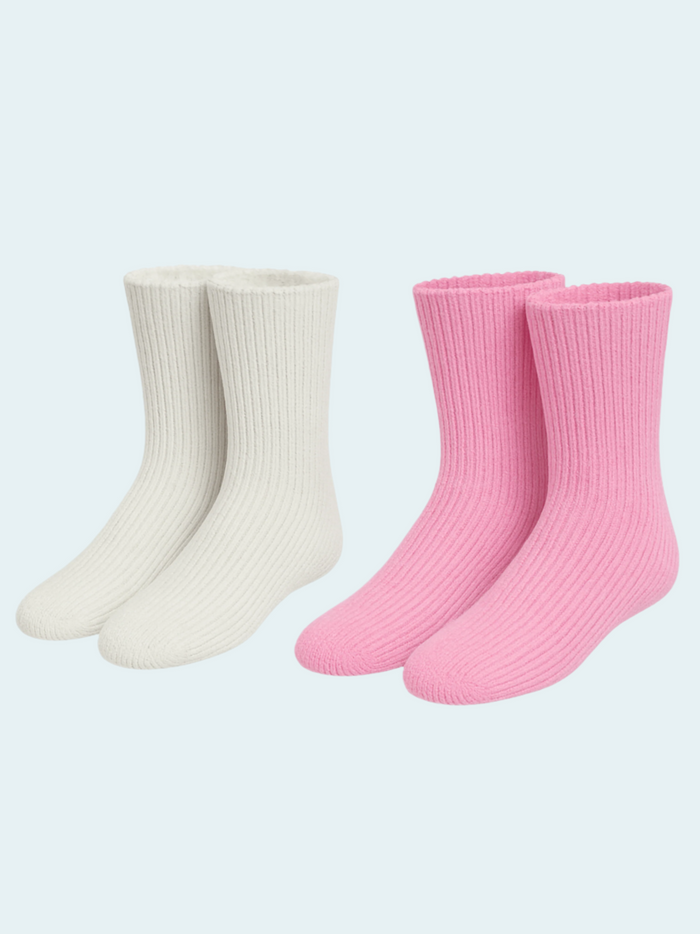 Two pairs of socks, one white and one pink, on a light gray background.