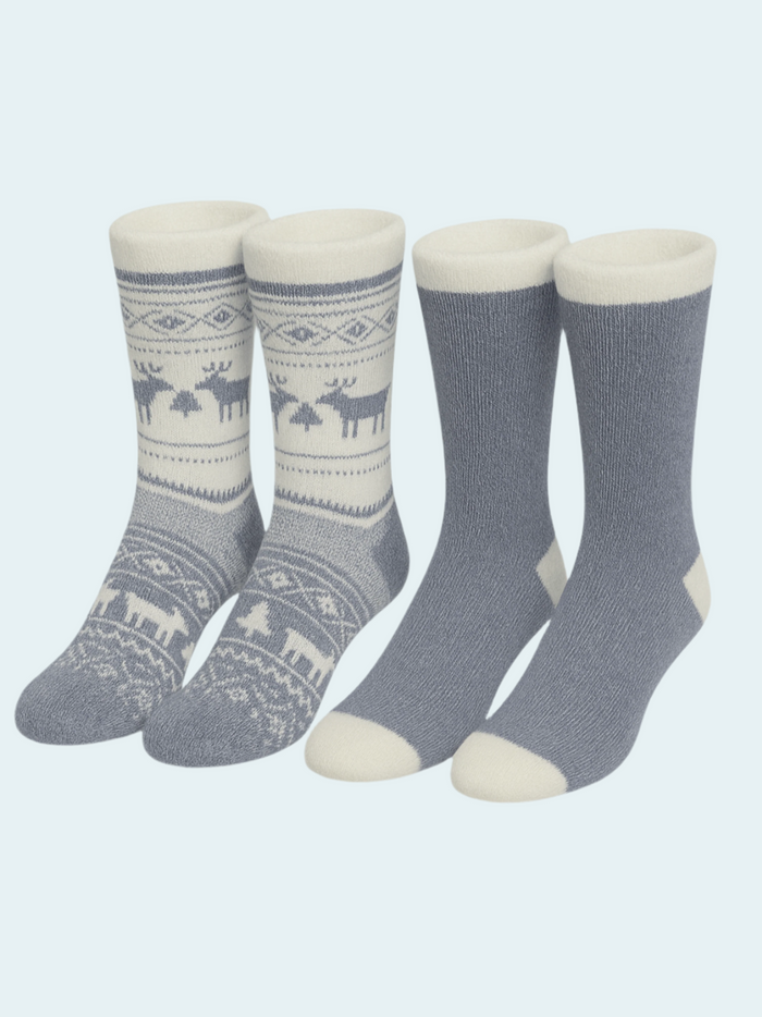Four pairs of gray socks with white patterns on a white background