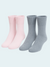 Two pairs of socks, one pink and one gray, on a light gray background.