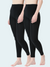 Two pairs of black leggings worn by models on a light gray background