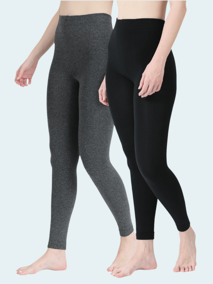 Two pairs of leggings, one gray and one black, on a white background.