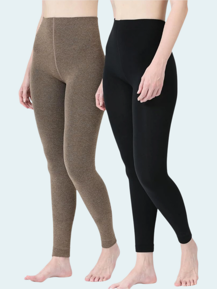 Two pairs of leggings, one brown and one black, on a plain background.