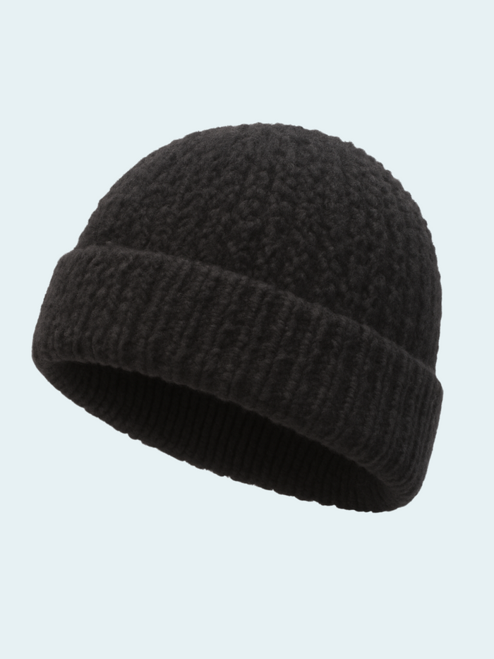 Black knit beanie on a light gray background