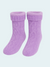 Pair of purple knitted socks on a light purple background