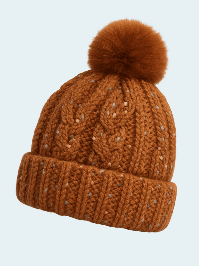 Brown knitted beanie with a pom-pom on a light gray background