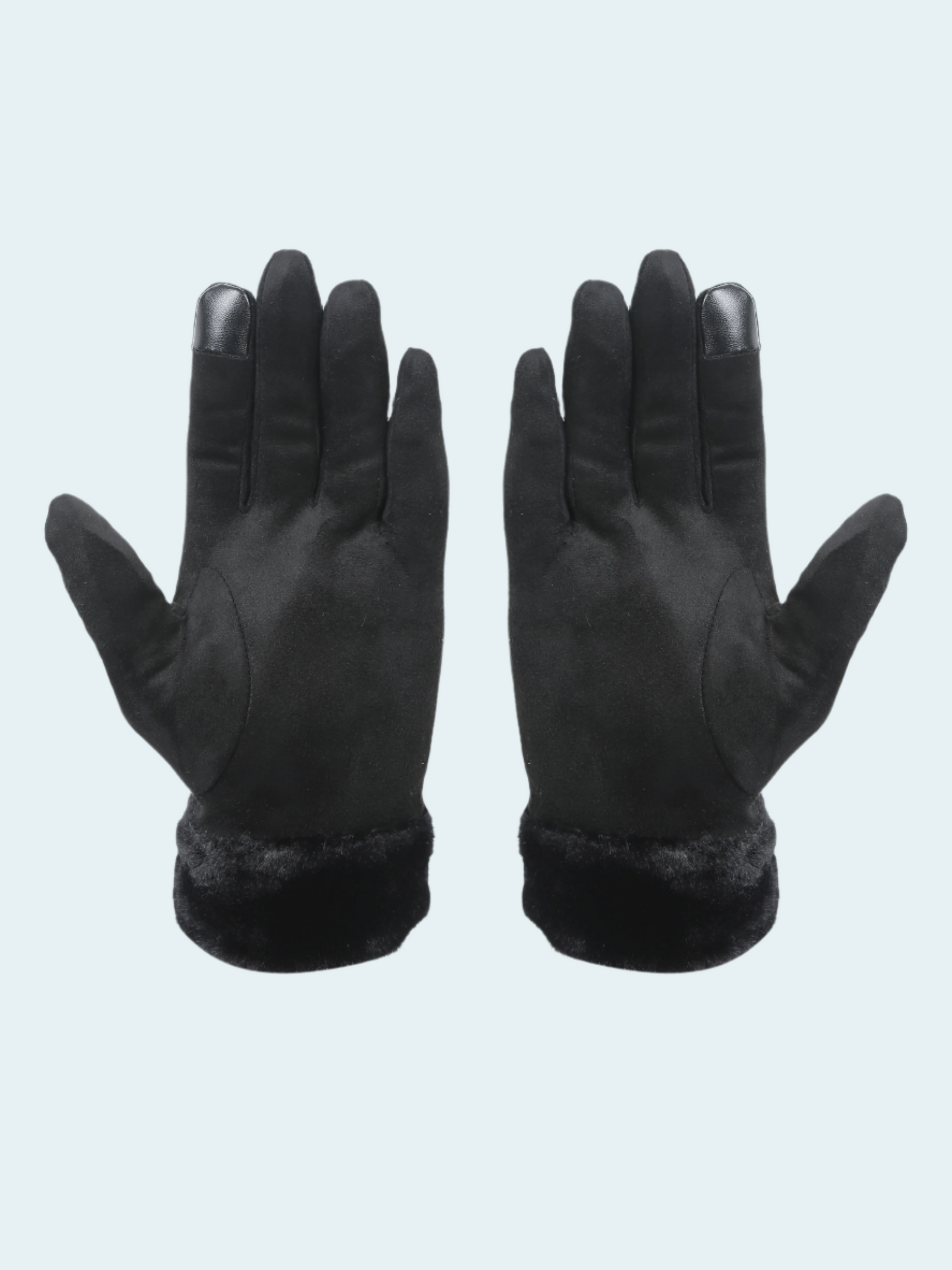 Pair of black gloves with fur cuff on a light gray background