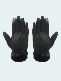 Pair of black gloves with fur cuff on a light gray background