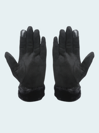 Pair of black gloves with fur cuff on a light gray background