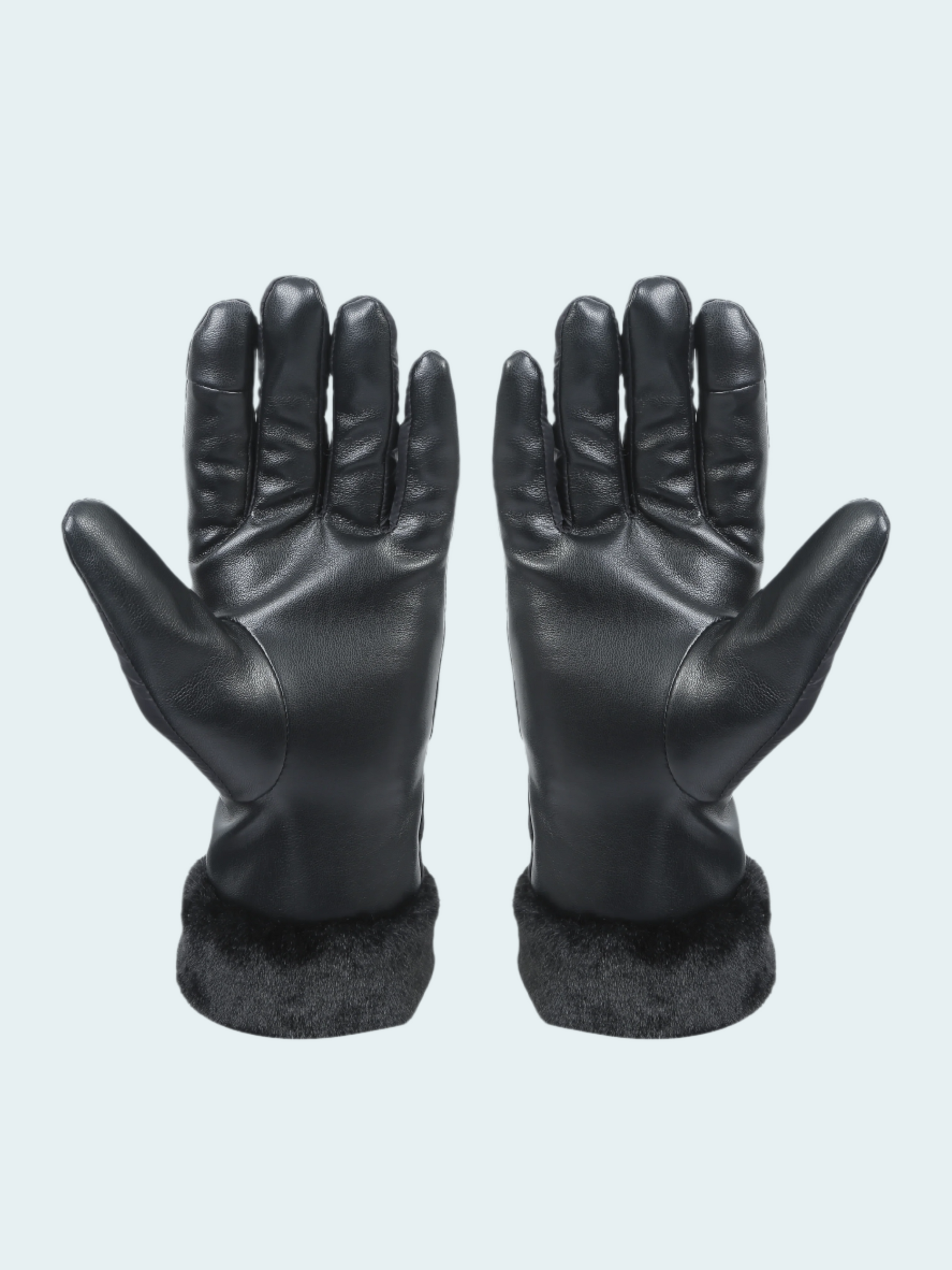 Pair of black leather gloves with fur cuffs on a light gray background