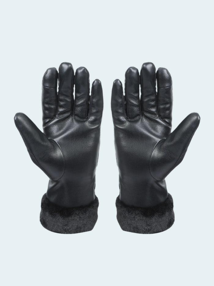 Pair of black leather gloves with fur cuffs on a light gray background