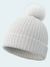 Gray knit beanie with a white pom-pom on a light blue background