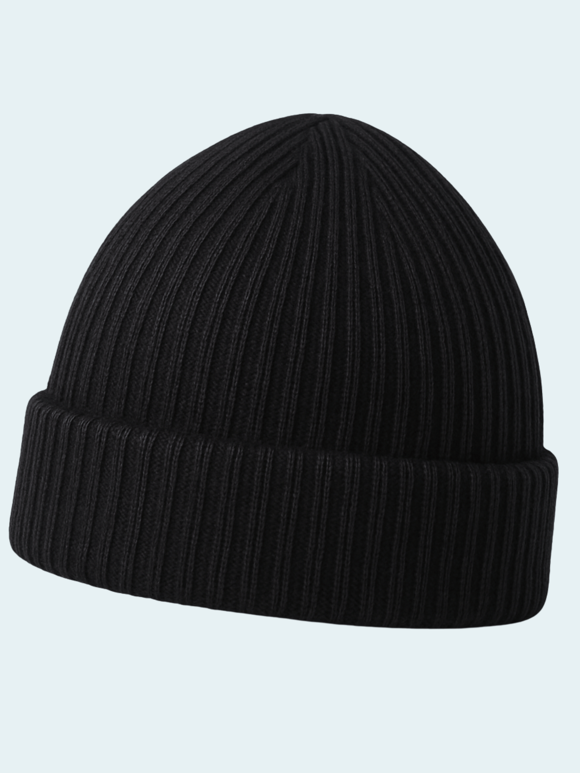 Black knit beanie on a light gray background