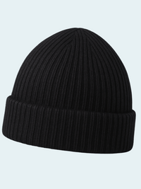 Black knit beanie on a light gray background