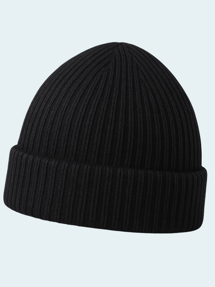 Black knit beanie on a light gray background