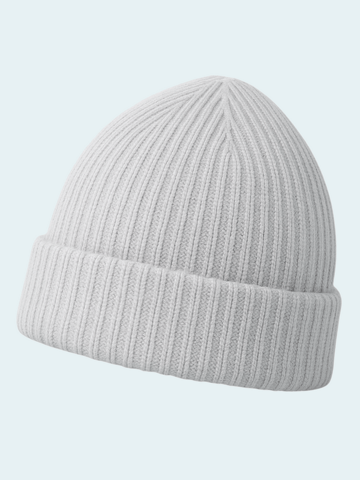 Gray knit beanie on a light gray background