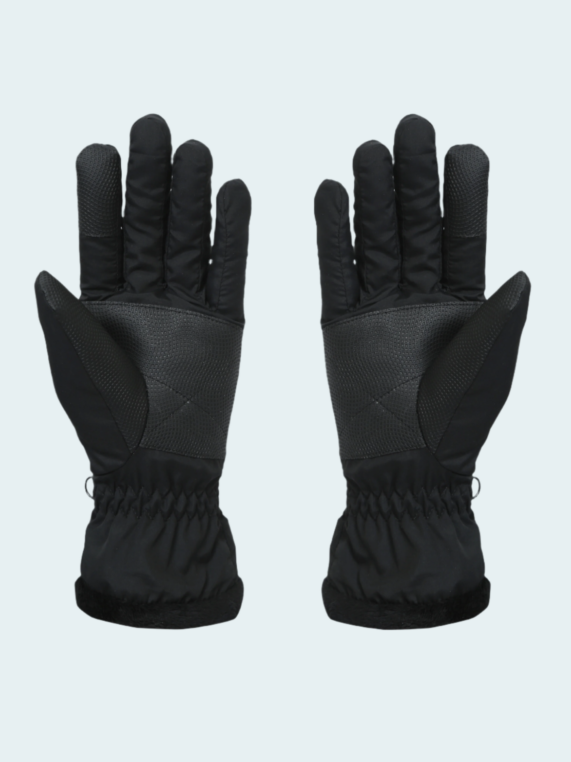 Pair of black gloves on a light gray background