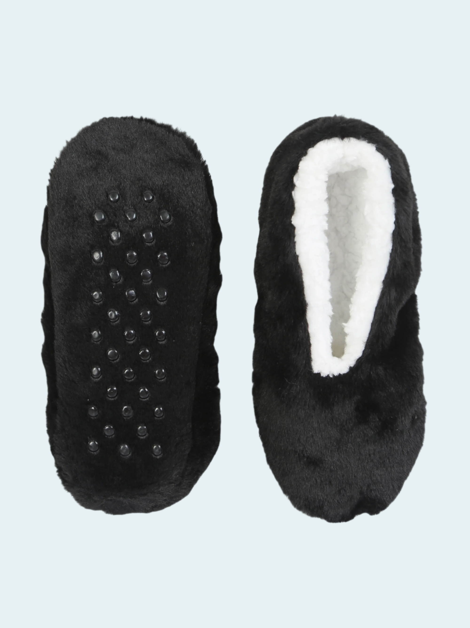 Black slippers socks with textured sole and white interior on a light gray background